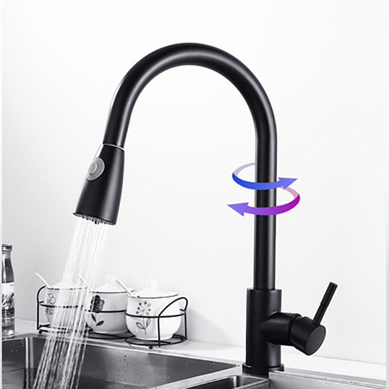 YUNDOOM OEM Torneira Kran New Modern 304 Stainless Steel Black Single Handle Pull Out Down Ro Kitchen Faucet With Musluk Sprayer