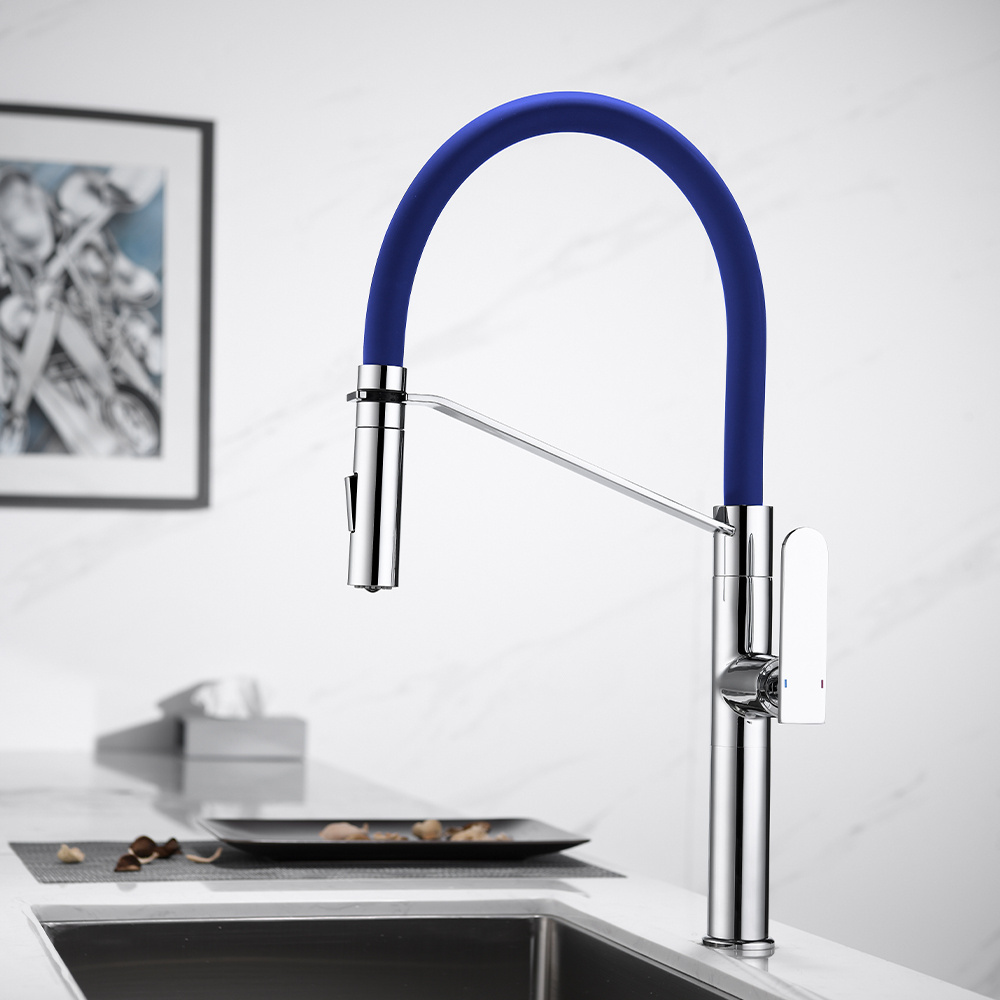 YUNDOOM OEM Torneira Cozinha Cuisine Brass Chrome Kitchen Sink Water Blue Silicone Tap Mixer Pull Out Copper Kitchen Faucet