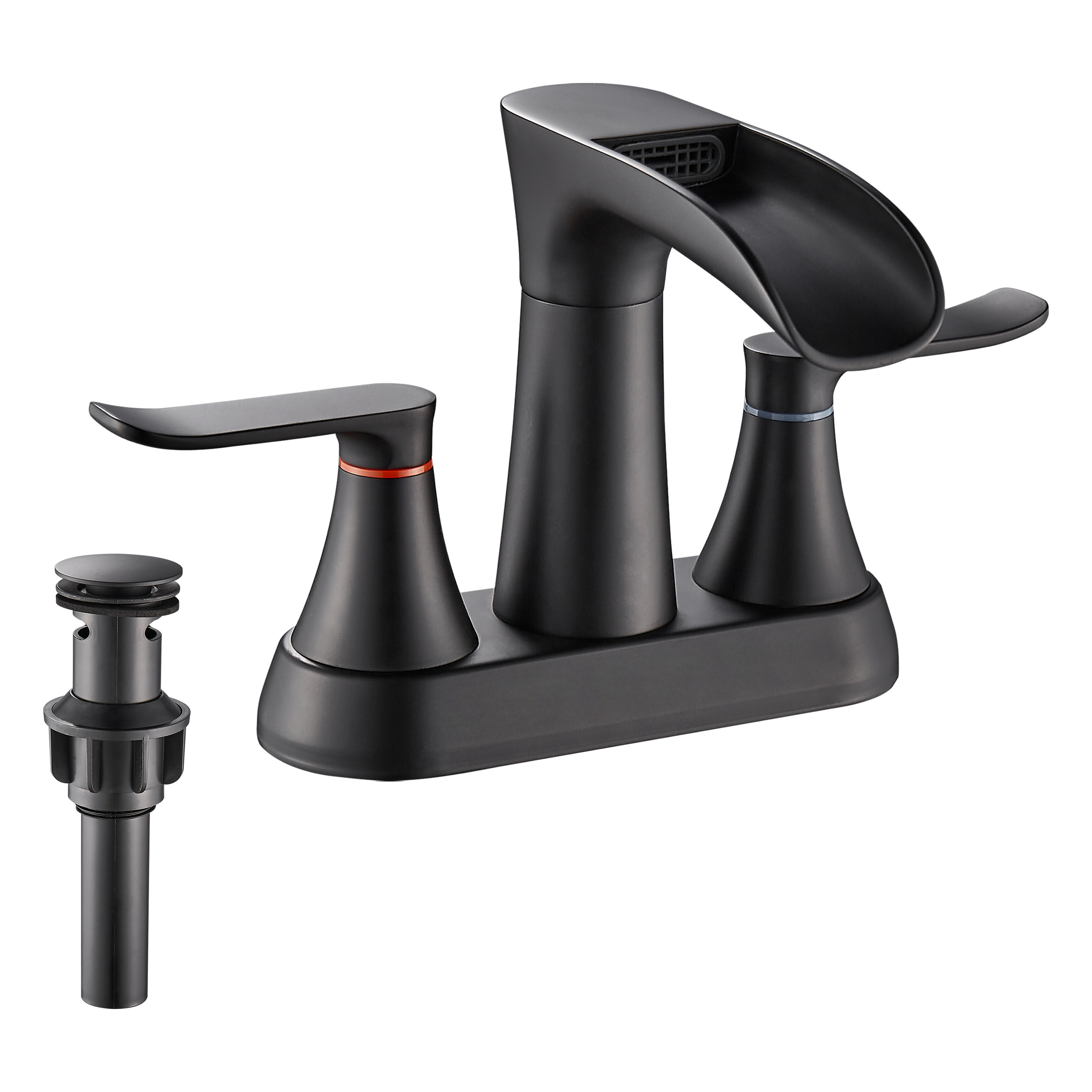 Yundoom Waterfall Matte Black Bathroom Faucet,4 Inch Centerset Bathroom Faucet,2 Handle Bathroom Faucet