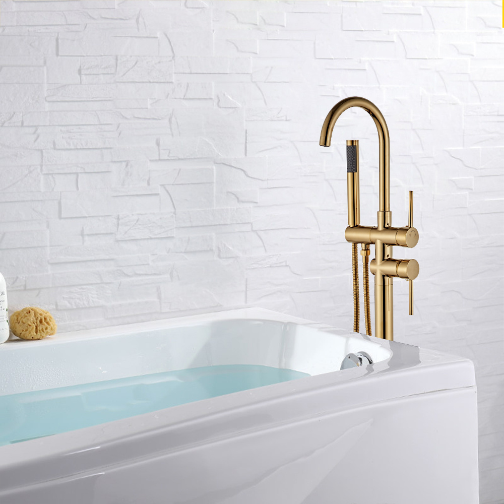 Yundoom Contemporary Copper Deck Floor Mounted Gold Brass Freestanding Classic Dual Handle Bathtub Shower Mixer Tub Faucet Set