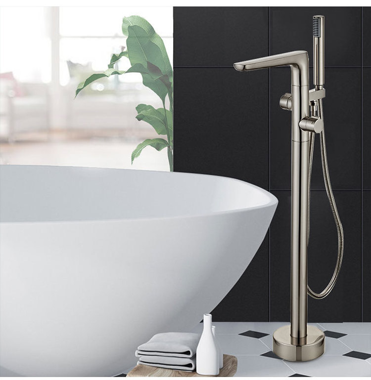 Yundoom OEM ducha nickel brushed spinning shower chuveiro bathroom rainfall floor stand freestanding Bathtub faucet