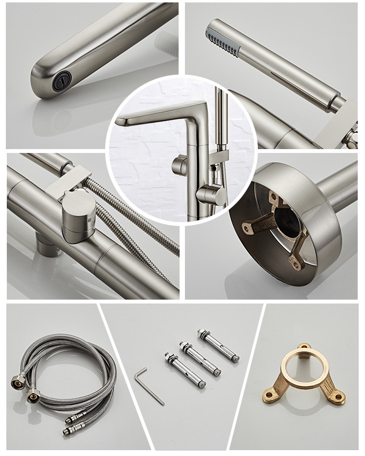 Yundoom OEM ducha nickel brushed spinning shower chuveiro bathroom rainfall floor stand freestanding Bathtub faucet