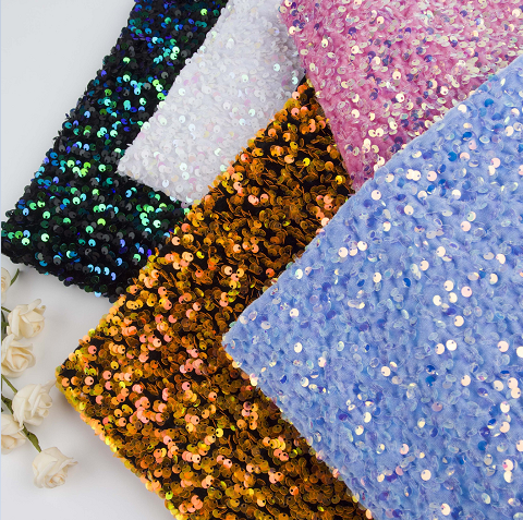 colorful  customization velvet base sequin fabric 100% polyester party dress soft blue color velvet sequin fabric