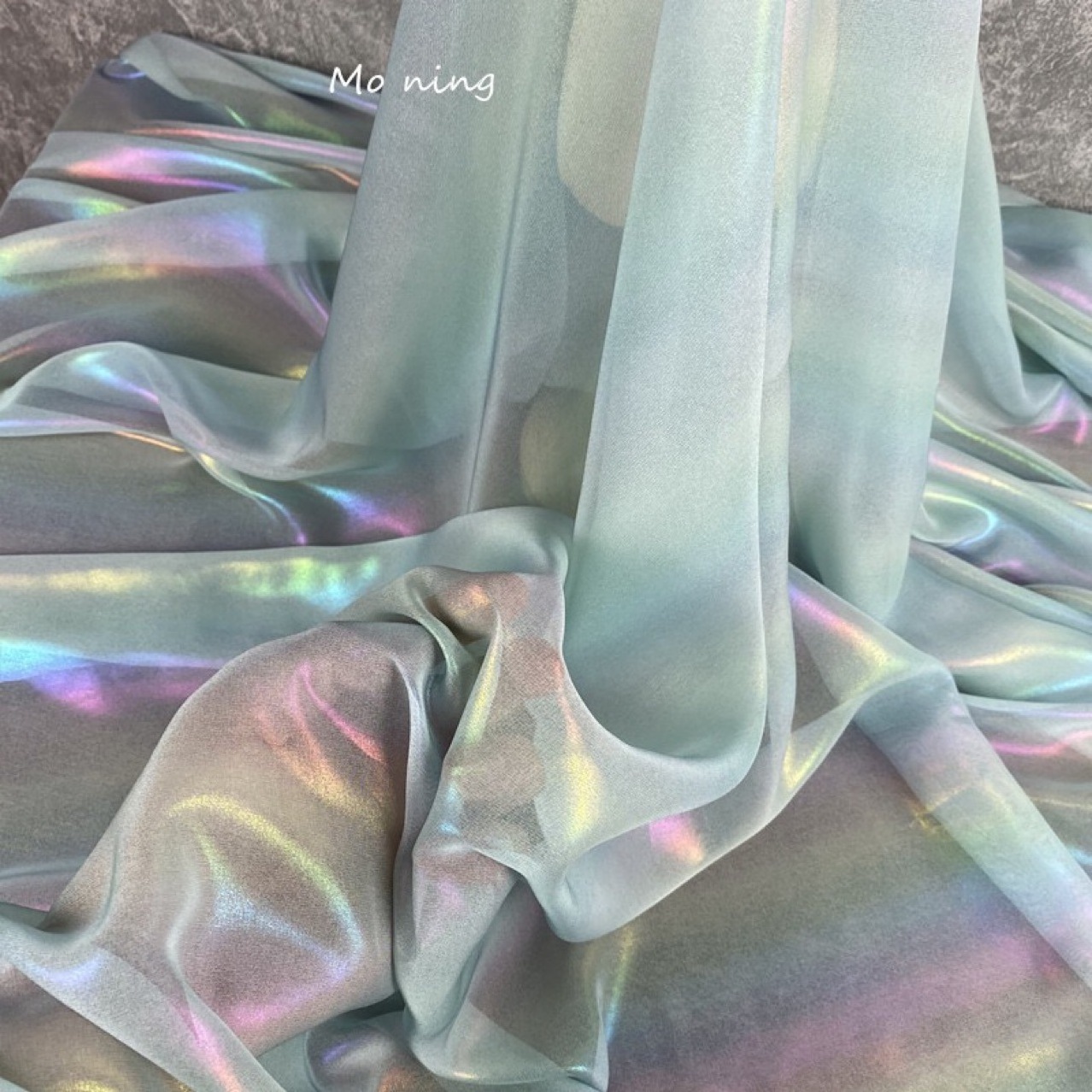 colorful shining rainbow color foil printed 100% polyester tulle chiffon fabric satin silk roll lace fabric for chiffon dress