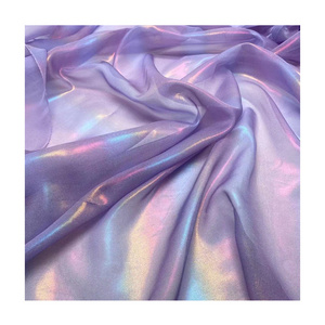 colorful shining rainbow color foil printed 100% polyester tulle chiffon fabric satin silk roll lace fabric for chiffon dress