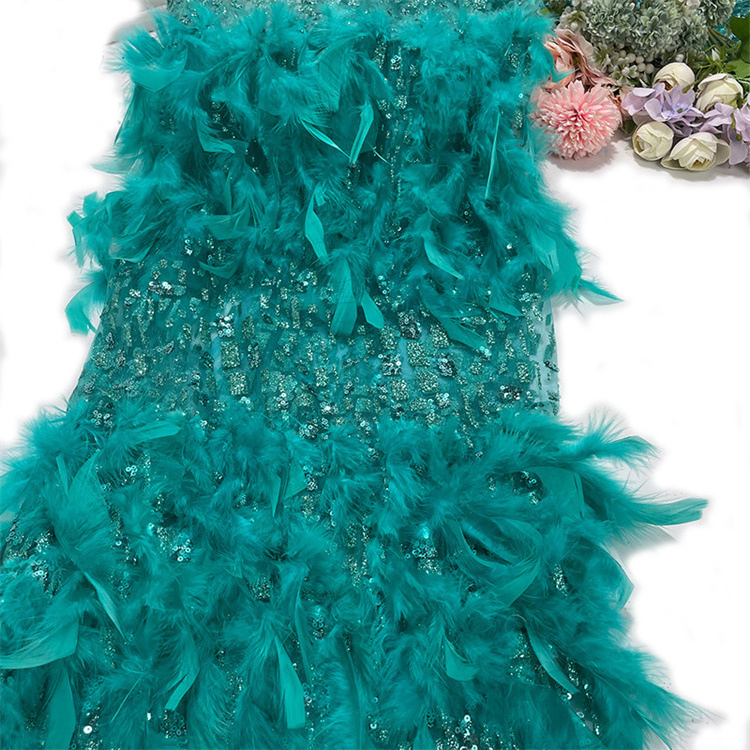 Tejidos de plumas french tulle real feather embroidery fabric feather lace tulle fabric with sequins dress decor fabric