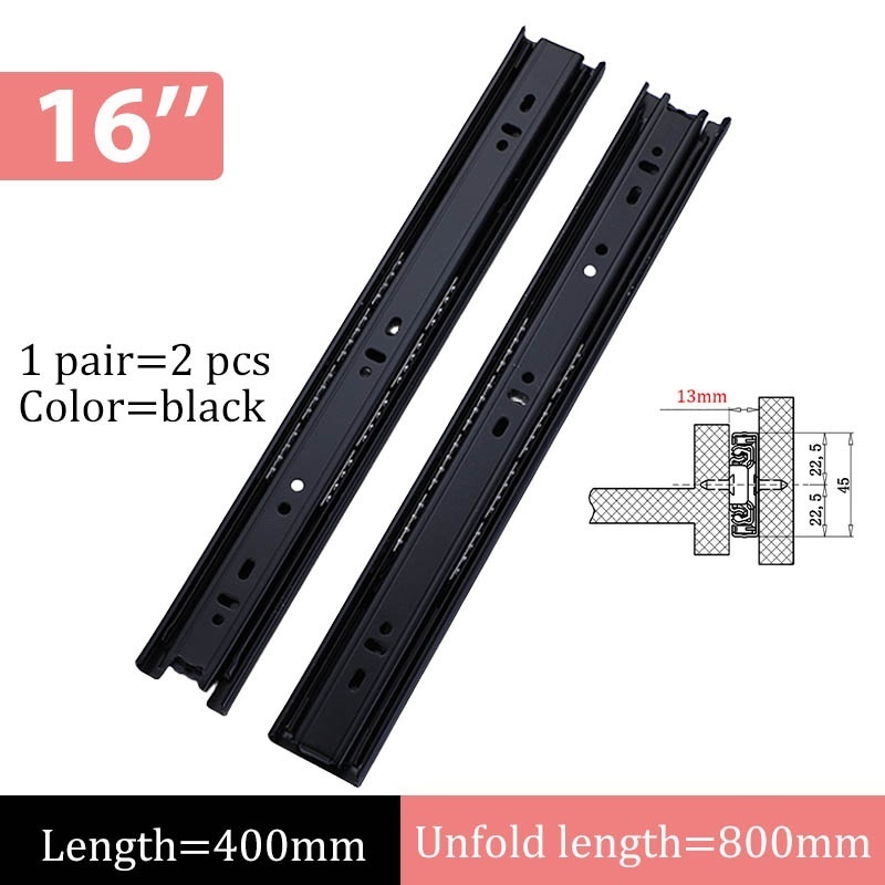 Factory Cheap Bedroom Drawer Track Rail Black 45mm Channel Telescopic Extension 16 inch 400mm 3-Fold Ball Bearing Drawer Slide