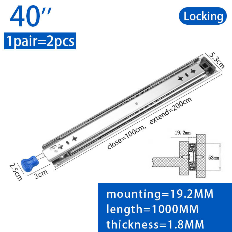 Super Long 53mm Drawer Guide Rail 1000mm 40inch Industrial Bed Self Locking Heavy Duty Cabinet Drawer Slide with Lock Function