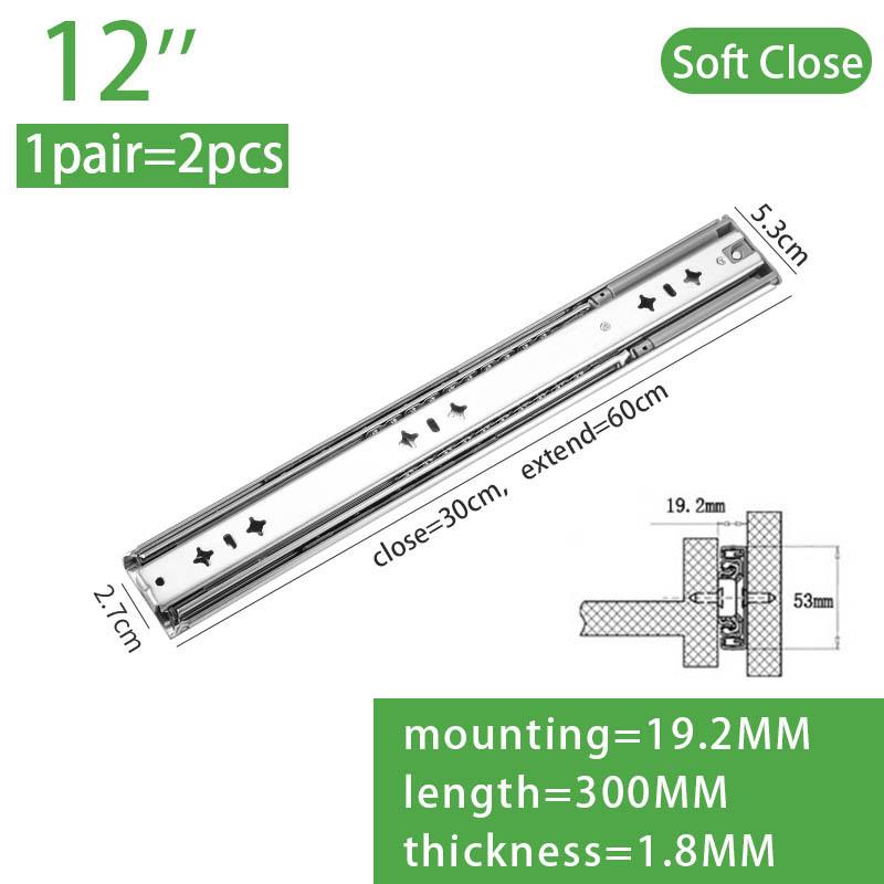 53mm  heavy duty correderas telescopicas 300mm full extension cabinet drawer channels 12 inch soft closing drawer slides