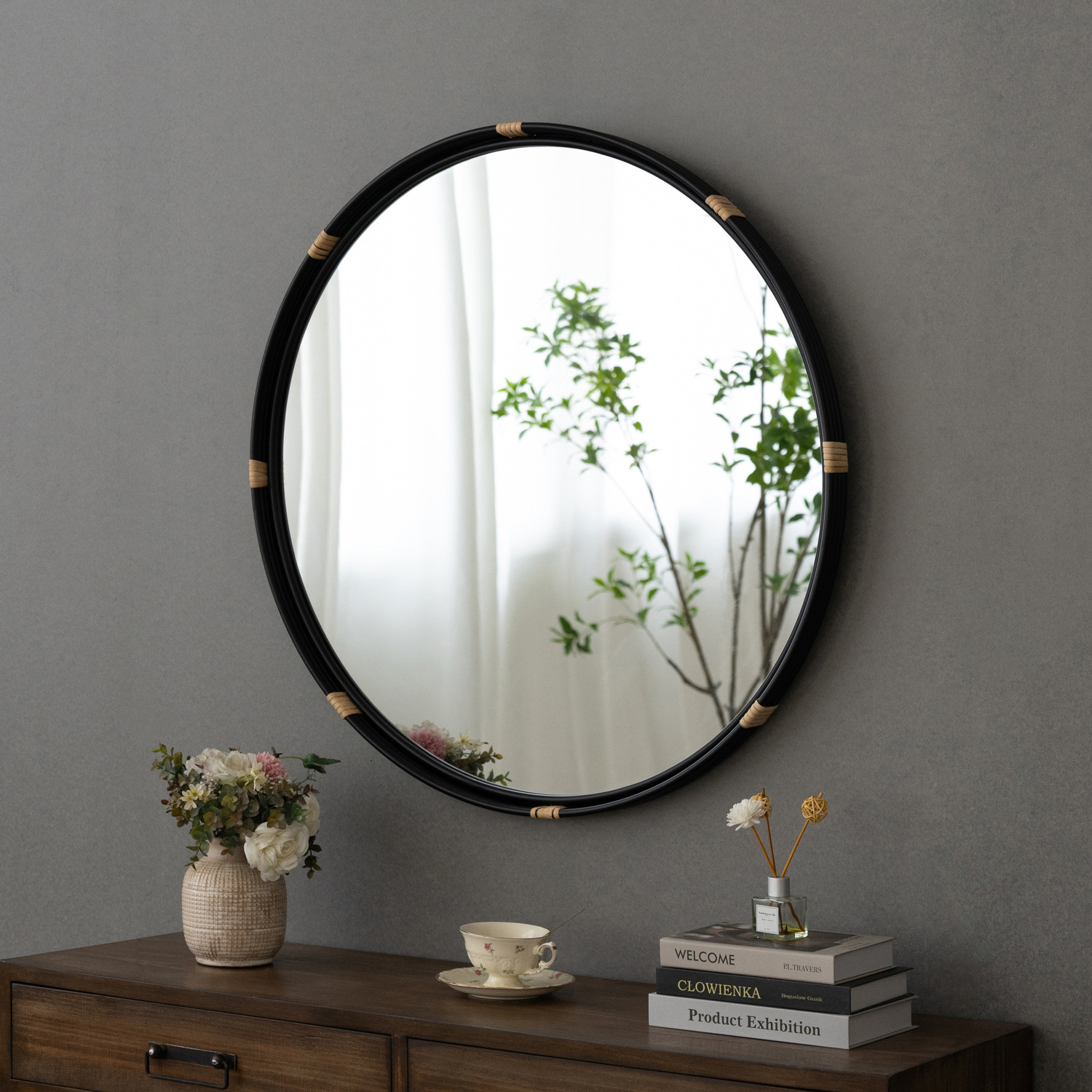 Hot selling rattan metal frame black round mirror with cheap price