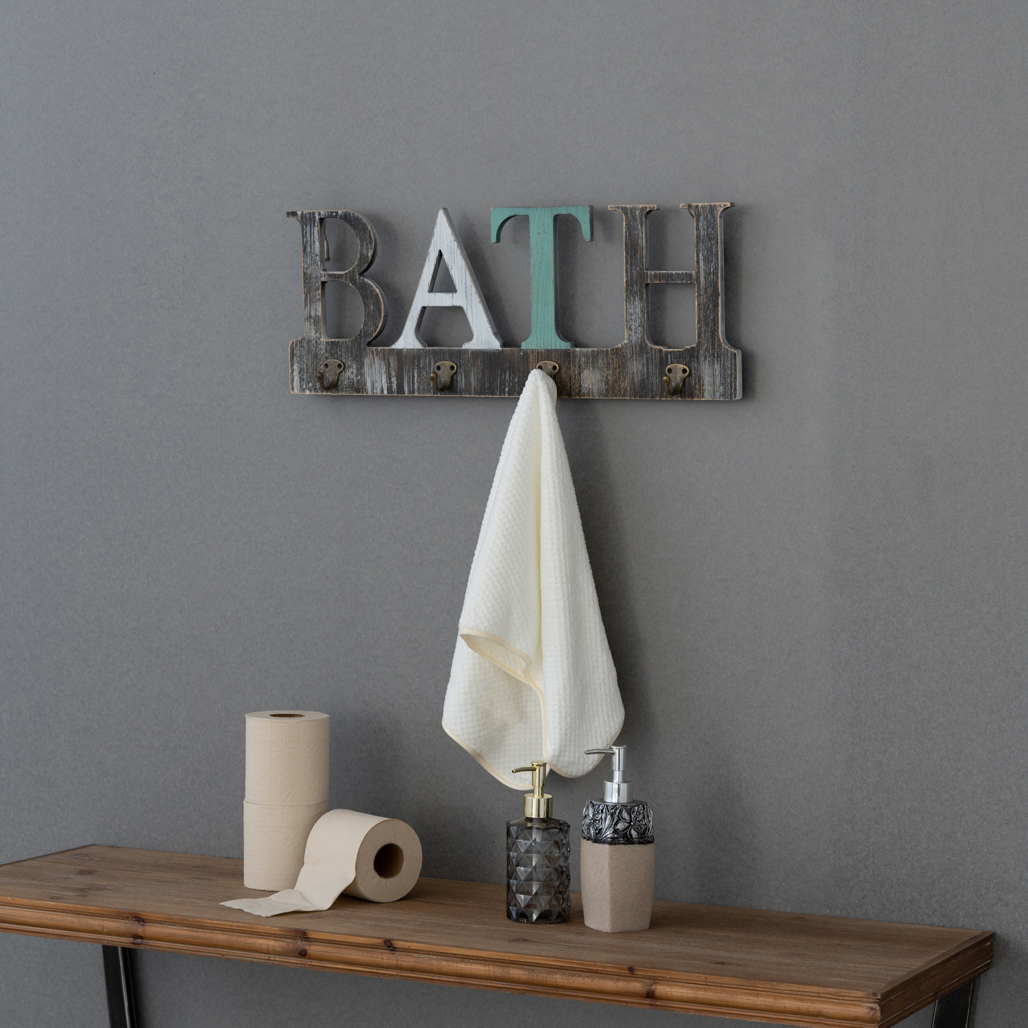 Wood Word Towels Sign Towel Hook for Bathroom Home Wall Decor