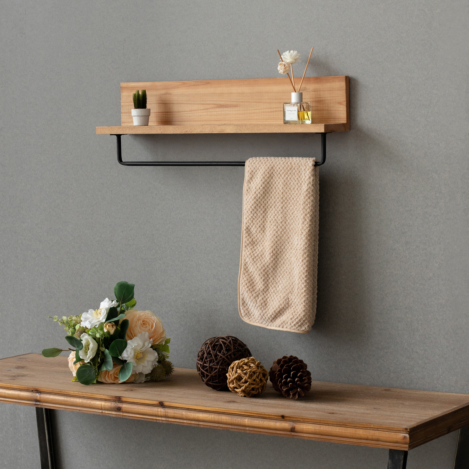 Floating Shelves Wall Mounted Wood Bathroom Storage Shelf Rustic Towel Holder, Home Decor for Living Room Bedroom Kitchen