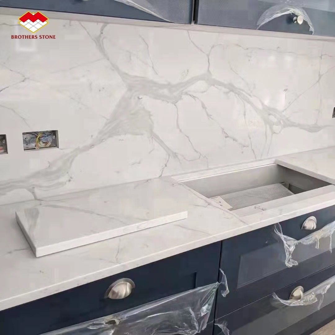 Factory wholesale artificial stone prefab kitchen island Calacatta series synthetic quartz countertops