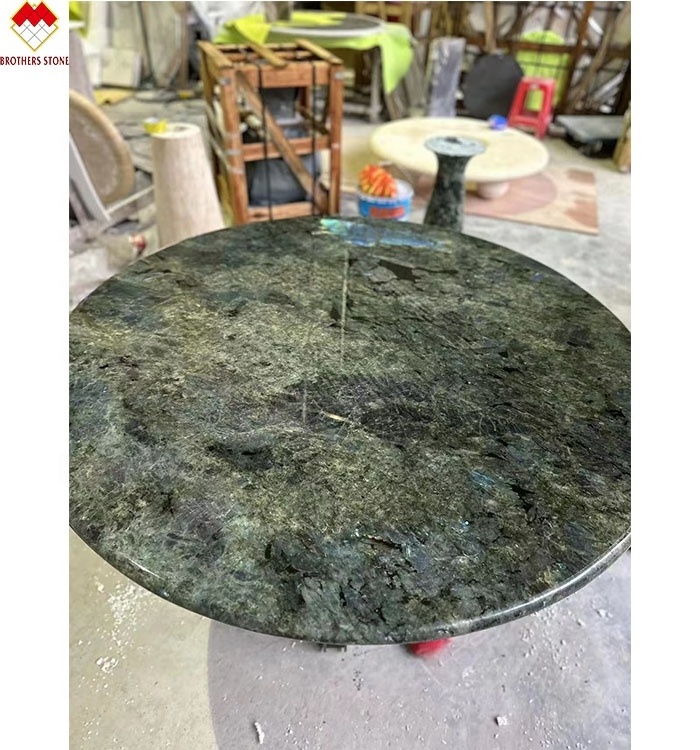 labradorite lemurian round granite table top madagascar granite center table backlit Zzul bahia blue granite table