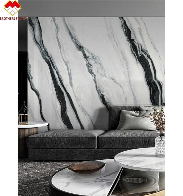 Polished Artificial Stone Panda White Marble Look Porcelain Tiles Black Veins Big Slab Wall Background White Sintered Stone