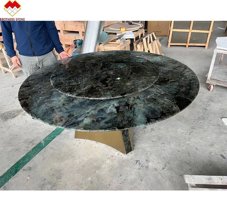 labradorite lemurian round granite table top madagascar granite center table backlit Zzul bahia blue granite table