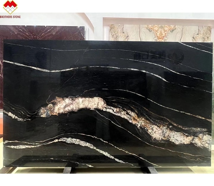 Modern Design Natural Real Black with Gold Matrix Titanium Granite Slab Magma Gold for Indoor Villa Cabinet Tops