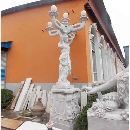 Modern Western Style Life-Size White Marble Lady Statue with Lamp Luxury Large Stone Column for Outdoor Decoration