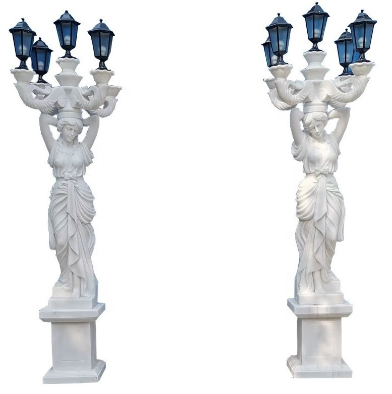 Modern Western Style Life-Size White Marble Lady Statue with Lamp Luxury Large Stone Column for Outdoor Decoration