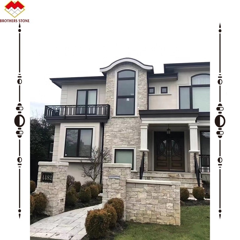 Luxury  Cornice Exterior Stone Wall Facade Beige marble window frames Customized Villa limestone wall cladding