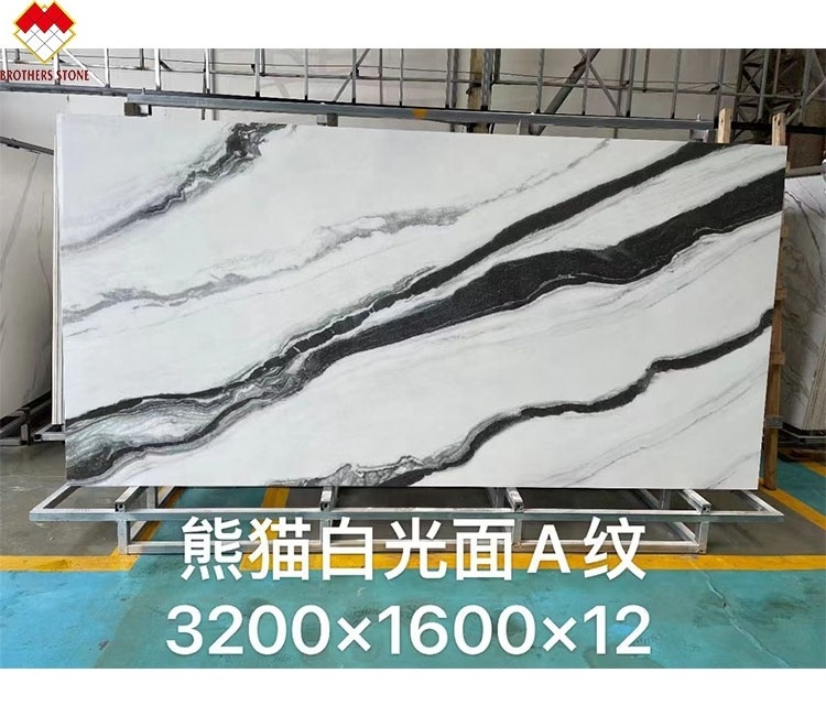 Polished Artificial Stone Panda White Marble Look Porcelain Tiles Black Veins Big Slab Wall Background White Sintered Stone