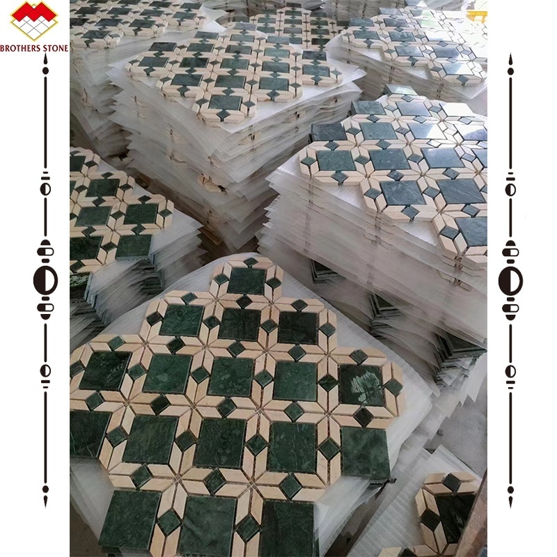 Retro Classic Design Ming Green Waterjet Parquet Wall Floor Stone 300*300 Indian Green Marble Mosaic Tiles