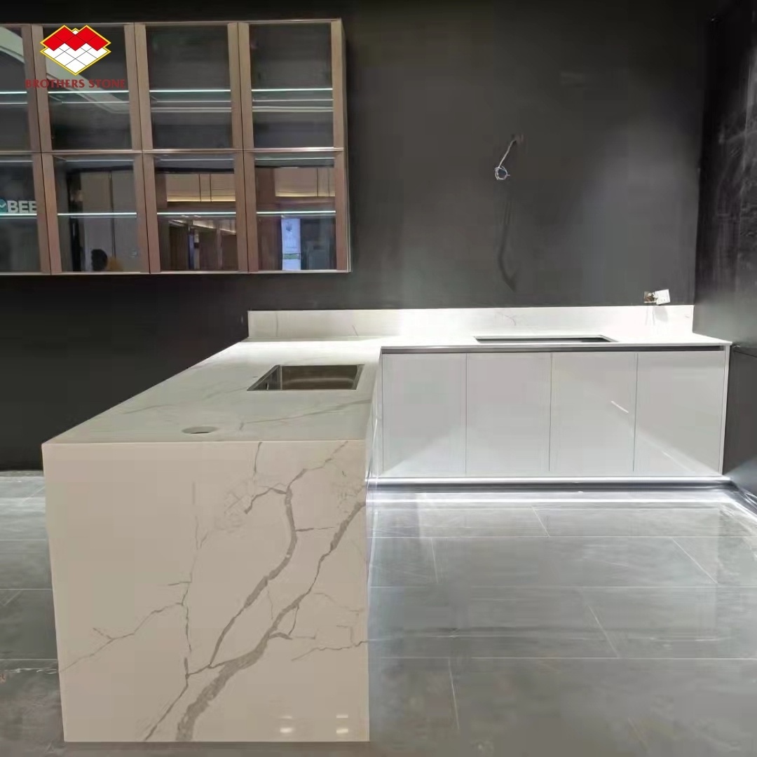 Factory wholesale artificial stone prefab kitchen island Calacatta series synthetic quartz countertops