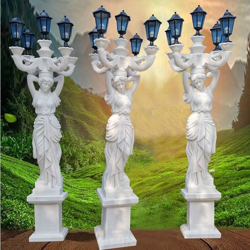 Modern Western Style Life-Size White Marble Lady Statue with Lamp Luxury Large Stone Column for Outdoor Decoration