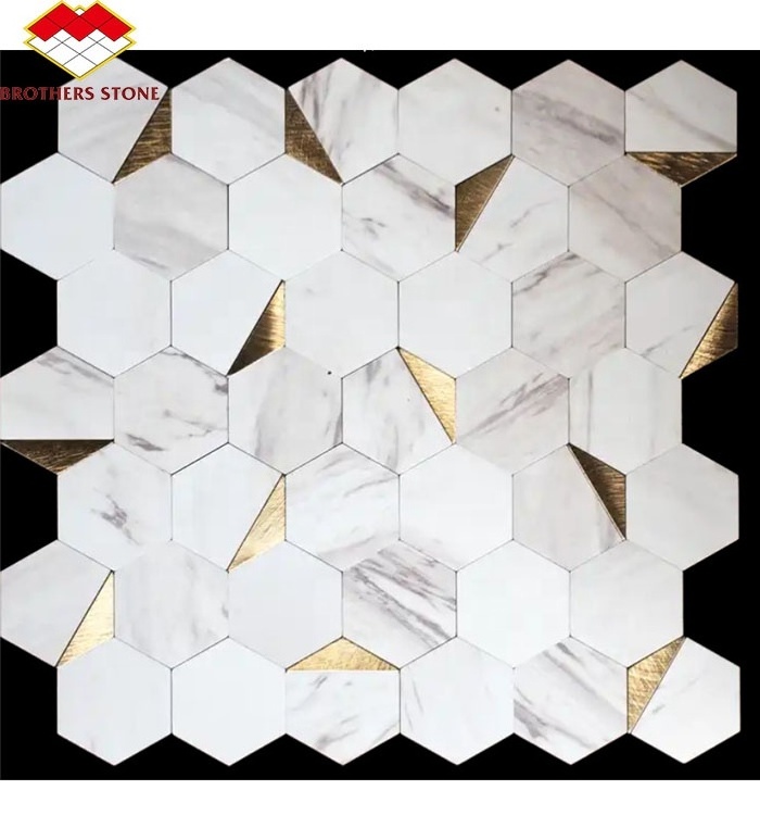 Modern Luxury Hexagon Mosaic Tile Thassos White Stone with Gold Copper Brass Waterjet Marble for Bathroom Kitchen Backsplash