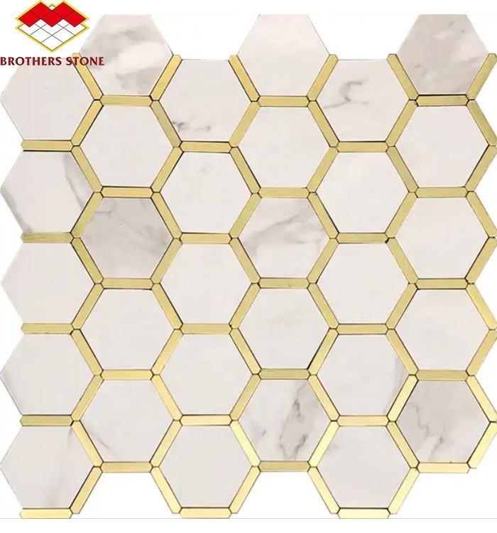 Modern Luxury Hexagon Mosaic Tile Thassos White Stone with Gold Copper Brass Waterjet Marble for Bathroom Kitchen Backsplash