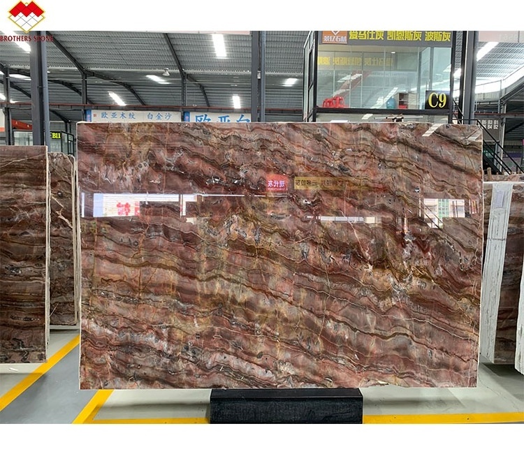 Modern Red Spider Marble For Table Countertop and Floor Tile Book Match Translucent Blood-Orange Red Vein Onyx Marble Stone