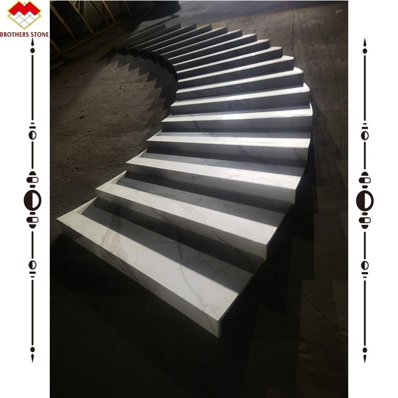 Spiral Artificial Stone Calacatta Patterns  Anti slip Groove Steps Sintered Stone Stairs with Led Lighting Cover