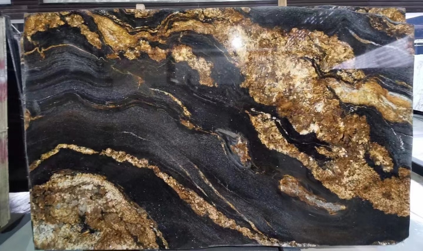 Modern Design Titanium Granite Slab Natural Black and Gold Matrix Granite Tile Polished Finish for Indoor Villa Cabinet Tops