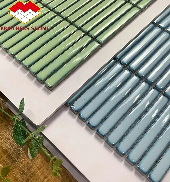 Modern Design High Quality Glazed Ceramic Green Strip Finger Kit Kat Mosaic Tiles for Ice Crack Strip Mosaic