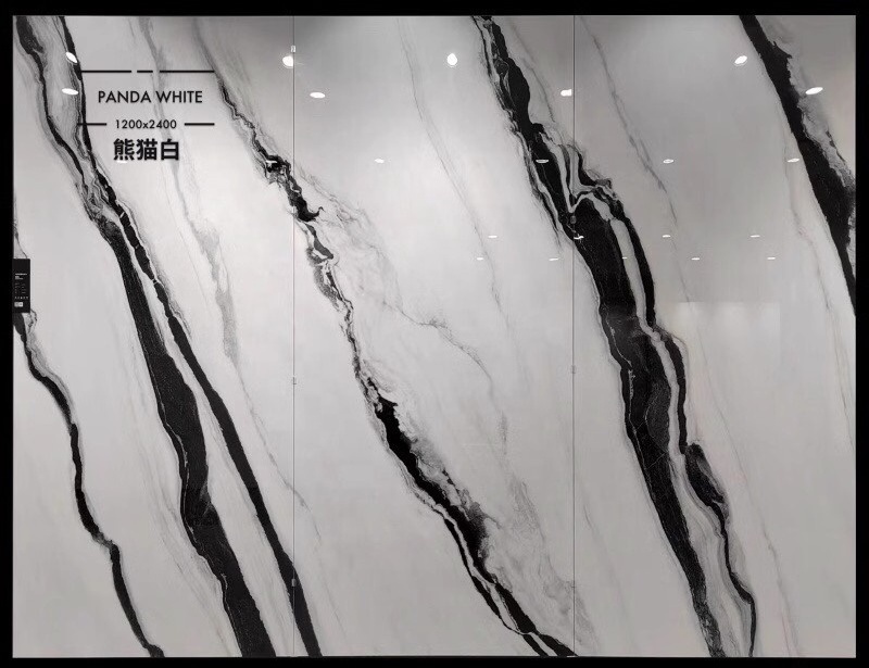 Polished Artificial Stone Panda White Marble Look Porcelain Tiles Black Veins Big Slab Wall Background White Sintered Stone