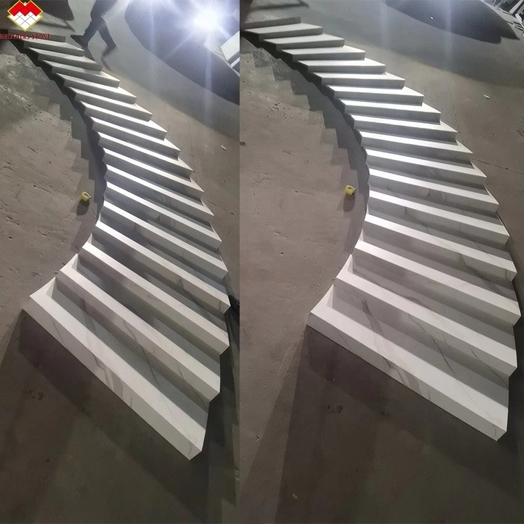 Spiral Artificial Stone Calacatta Patterns  Anti slip Groove Steps Sintered Stone Stairs with Led Lighting Cover