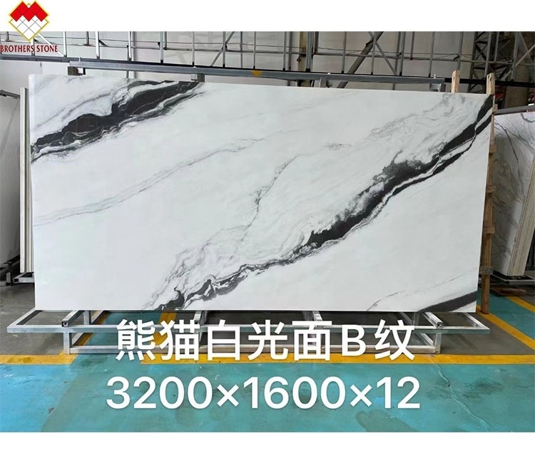 Polished Artificial Stone Panda White Marble Look Porcelain Tiles Black Veins Big Slab Wall Background White Sintered Stone