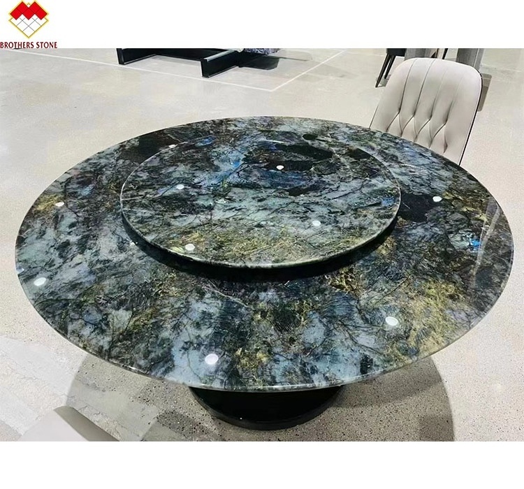 labradorite lemurian round granite table top madagascar granite center table backlit Zzul bahia blue granite table