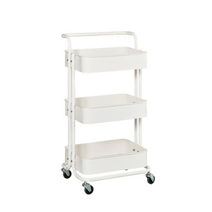 3 Tier Foldable Storage Cart with Wheels Folding Utility Rolling Cart Metal Kitchen Storage Shelf Organizer Cart