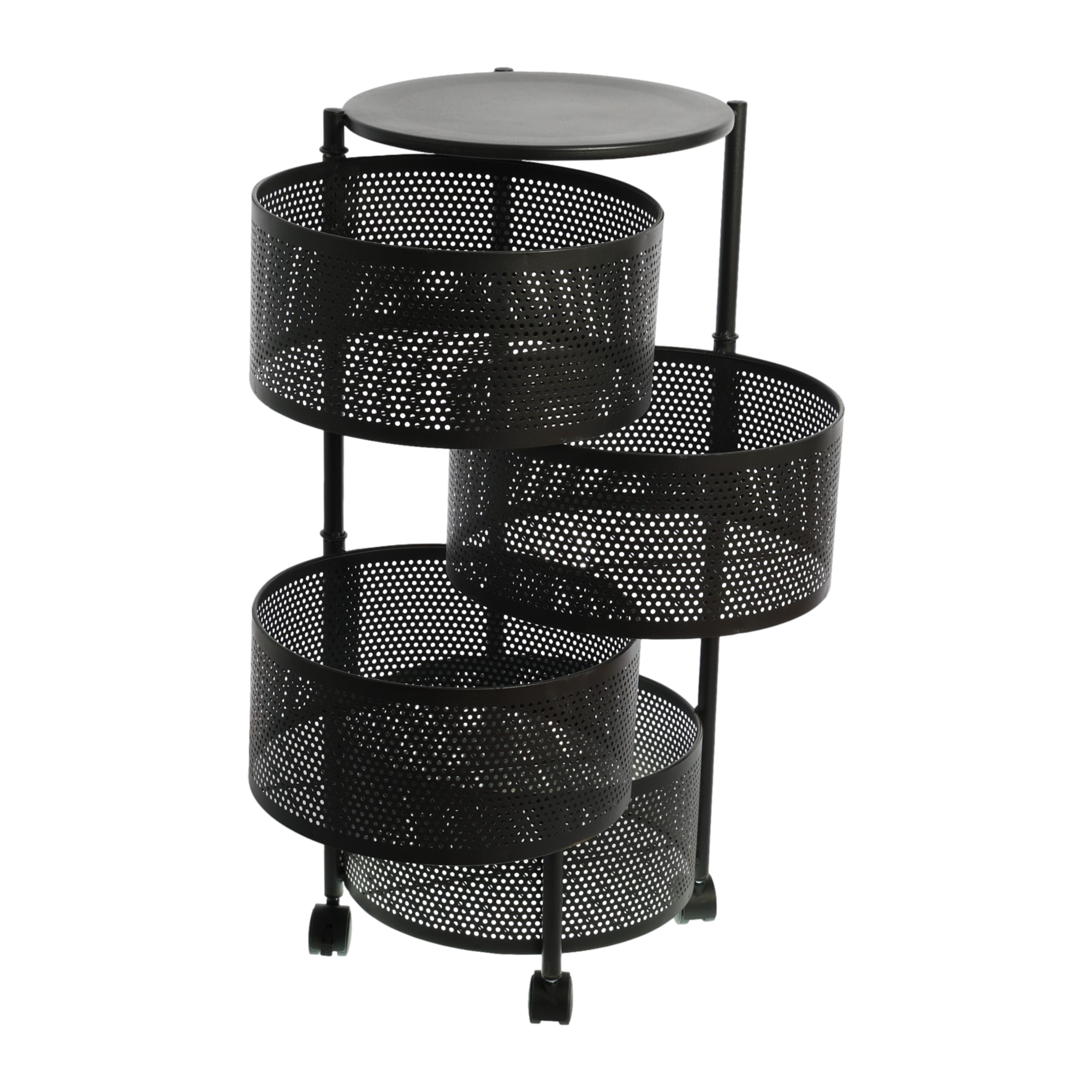 360 Degree Kitchen Rotating Storage Shelves Rack Removable Basket Shelf Organizer Rolling Wheels with 4 Tier Metal Carton