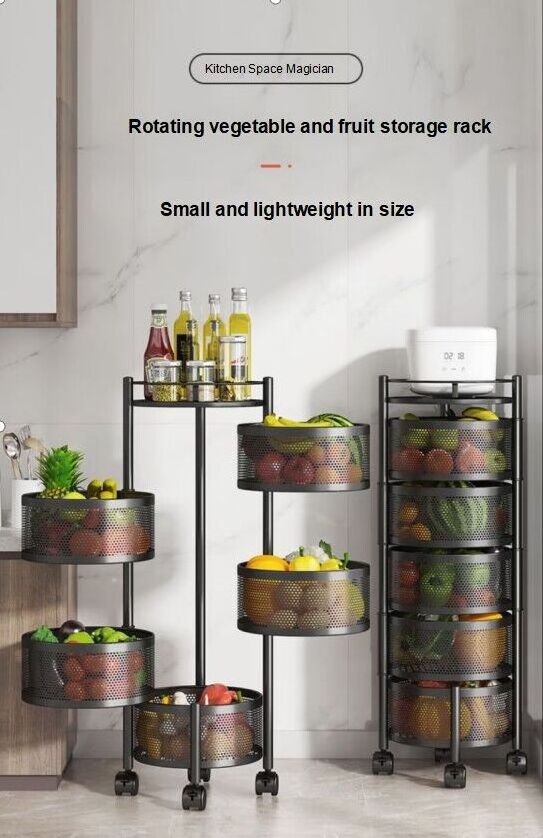 360 Degree Kitchen Rotating Storage Shelves Rack Removable Basket Shelf Organizer Rolling Wheels with 4 Tier Metal Carton