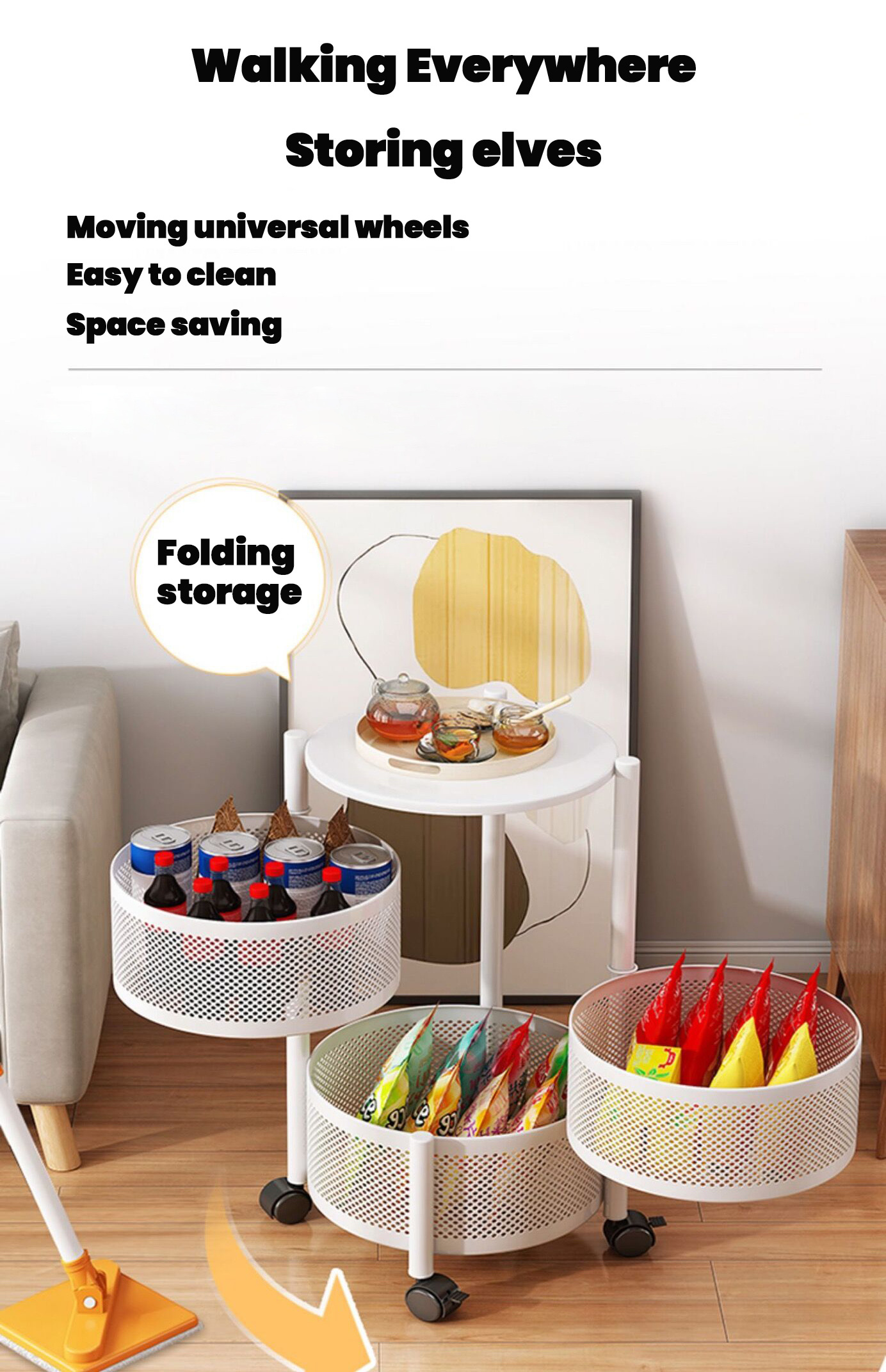 360 Degree Kitchen Rotating Storage Shelves Rack Removable Basket Shelf Organizer Rolling Wheels with 4 Tier Metal Carton