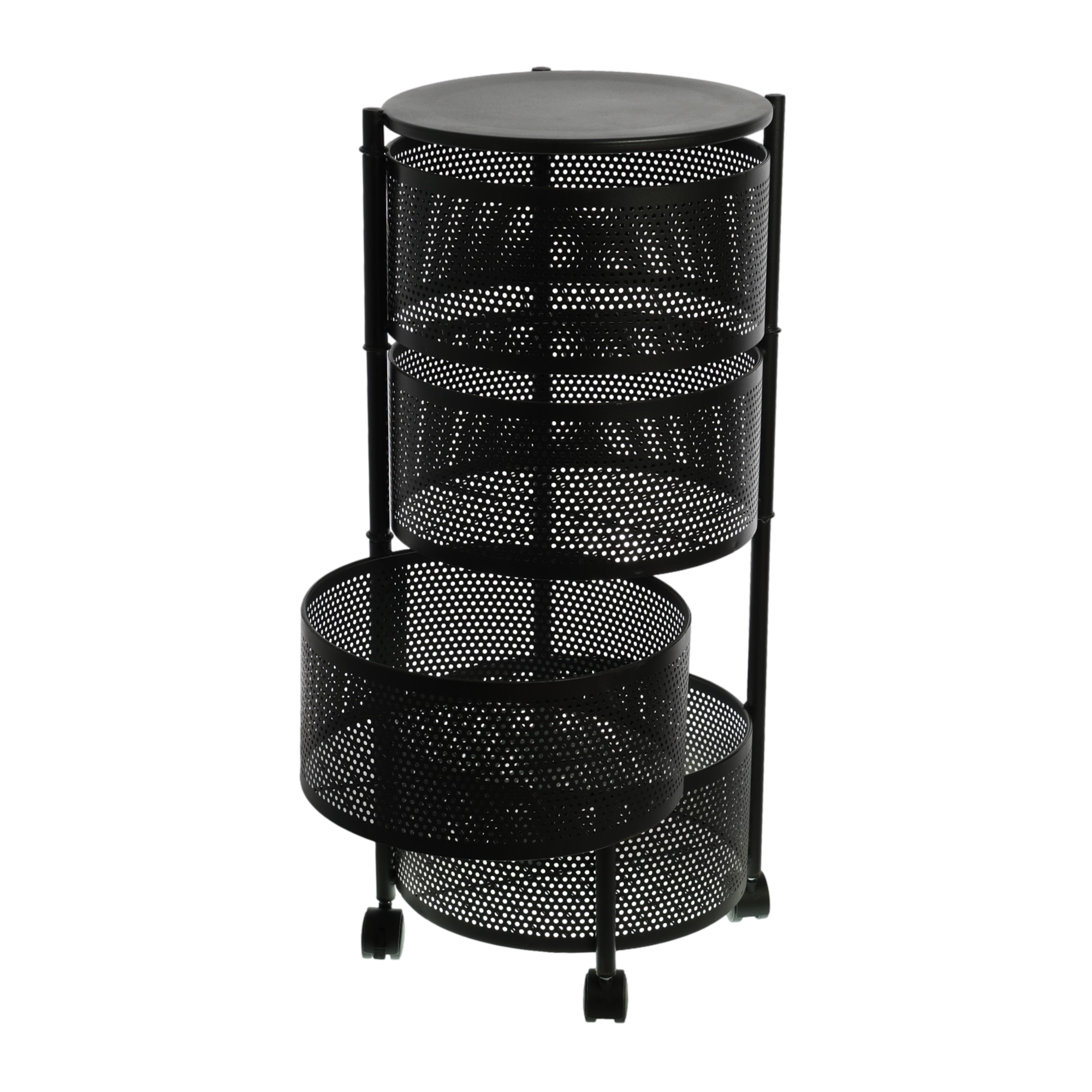 360 Degree Kitchen Rotating Storage Shelves Rack Removable Basket Shelf Organizer Rolling Wheels with 4 Tier Metal Carton