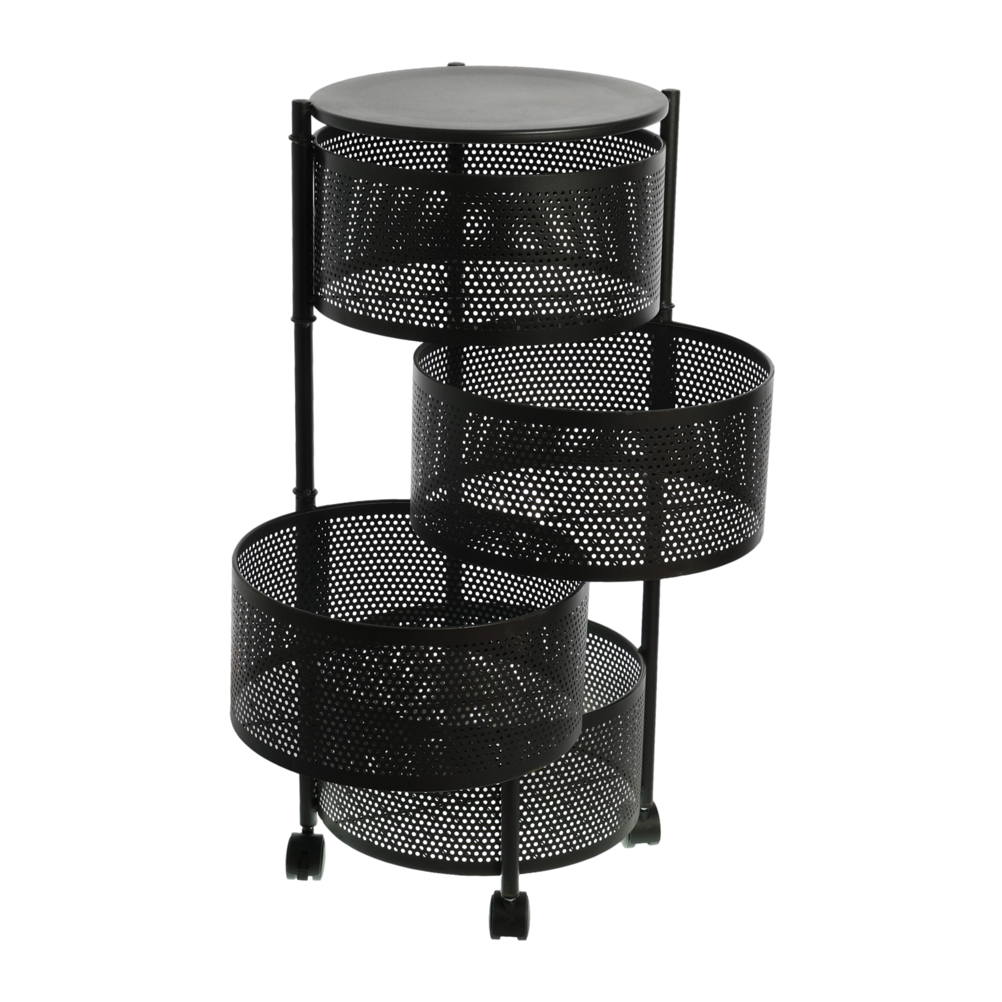 360 Degree Kitchen Rotating Storage Shelves Rack Removable Basket Shelf Organizer Rolling Wheels with 4 Tier Metal Carton