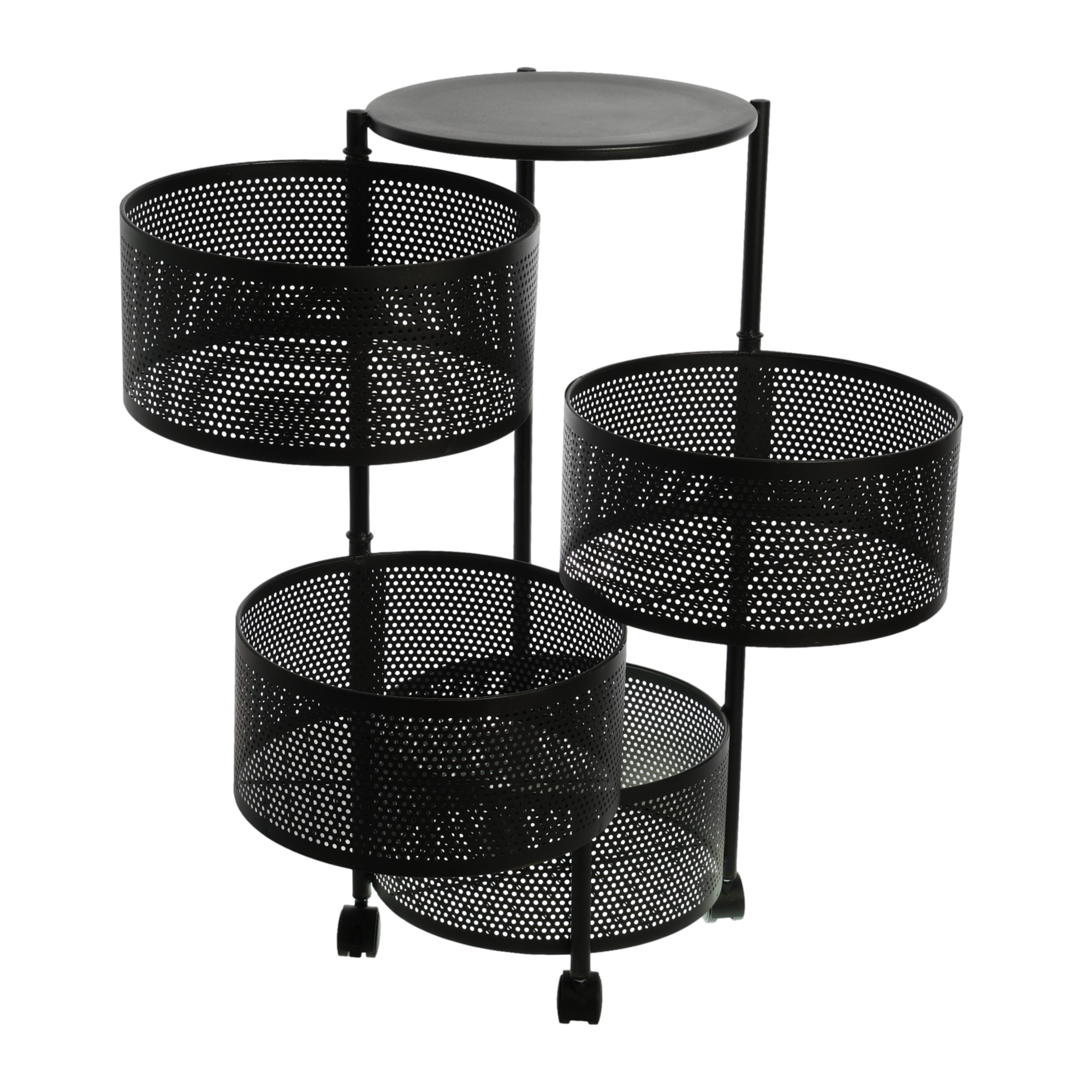 360 Degree Kitchen Rotating Storage Shelves Rack Removable Basket Shelf Organizer Rolling Wheels with 4 Tier Metal Carton