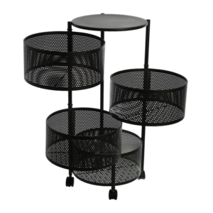 360 Degree Kitchen Rotating Storage Shelves Rack Removable Basket Shelf Organizer Rolling Wheels with 4 Tier Metal Carton