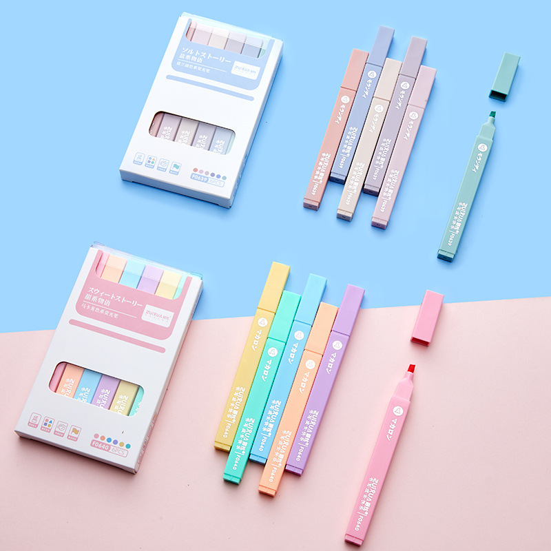 Macaron Color 6pcs Set Soft head Square Highlighter Pen Mini Pastel Highlighter Pen Student Kids highlighter marker pen