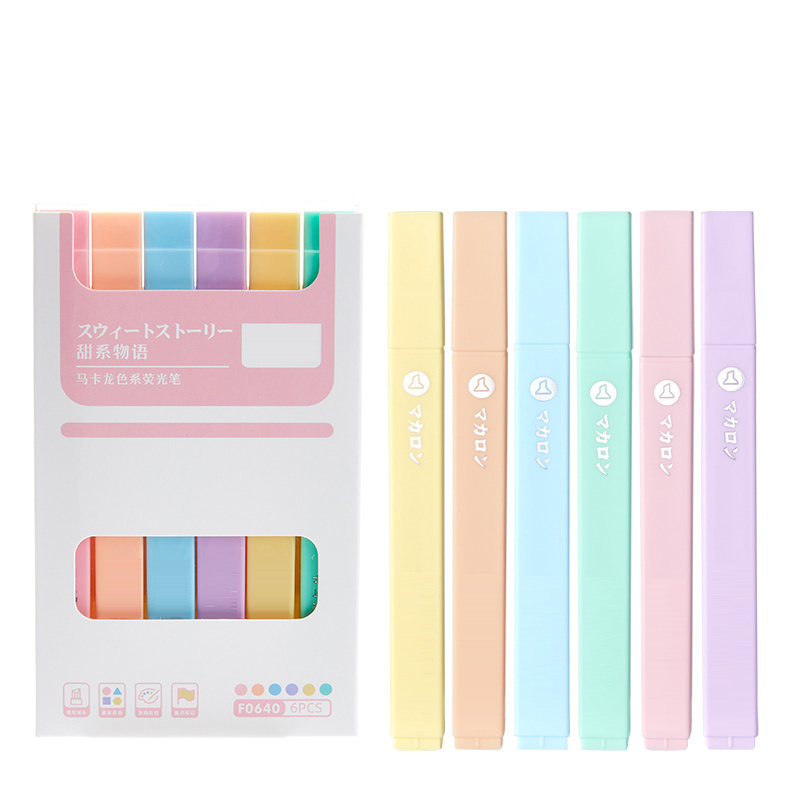 Macaron Color 6pcs Set Soft head Square Highlighter Pen Mini Pastel Highlighter Pen Student Kids highlighter marker pen