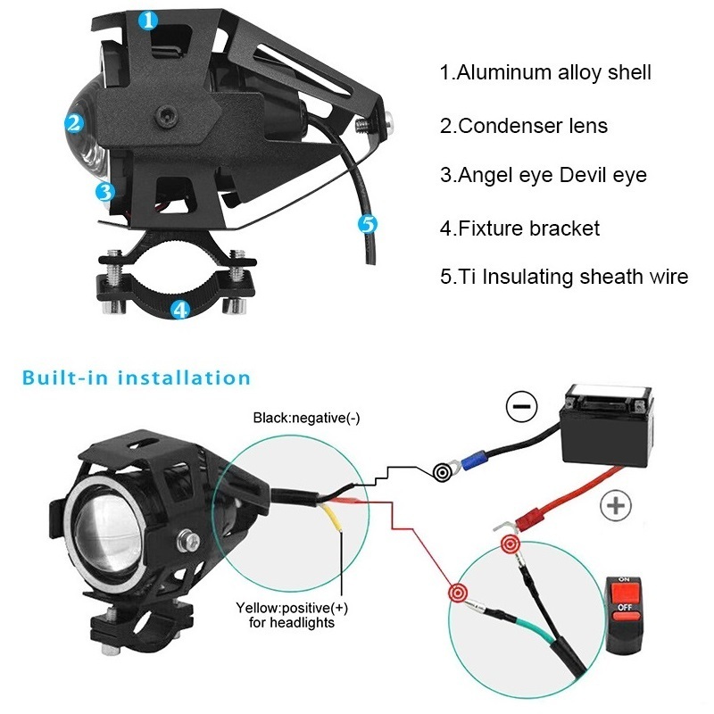 U7 LED Motorcycle Headlight With Angel Eye Motor Auxiliary Light 125W Super Bright Spot light Fog Light Bicycle Lamp Accessories