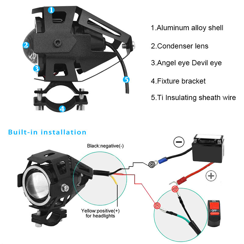 U7 LED Motorcycle Headlight With Angel Eye Motor Auxiliary Light 125W Super Bright Spot light Fog Light Bicycle Lamp Accessories